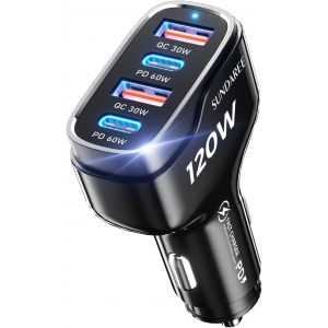 Chargeur Voiture USB C,120W Multi 4 Port 12V 24V Type C PD QC Charge Rapide Automobile Prise T&eacute;l&eacute;phone Allume Cigare Adaptateur pour Samsung S25 A56/Redmi Note 14/iPhone 17/Galaxy Tab/Macbook - Neuf
