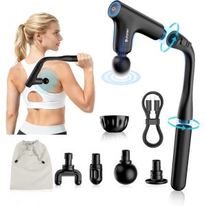 Masseur Tissus Profonds 3 En 1 Pour Dos & Cervicales : Pistolet De Massage Avec Percussion Turbo, Poign&eacute;e Longue Amovible, 4 Vitesses, 4 T&ecirc;tes - Noir - Neuf