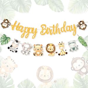 Mevronisshop-D&eacute;coration De F&ecirc;te D'anniversaire Jungle Banni&egrave;re Joyeux Anniversaire Banni&egrave;re Safari Jungle Animal Fournitures De F&ecirc;te Pour La D&eacute;coration De F&ecirc;tes Sur Le Th&egrave;me De La Jungle - Neuf