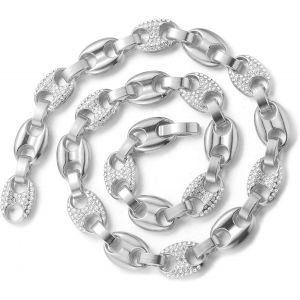 Trahoo-Chaîne Graine De Café Homme,Chaîne Argent,Collier Et Bracelet,Plaqué Or Réal Or Blanc,Iced Out Avec Diamants,75cm,Avec Coffret Cadeau Gratuit - Neuf