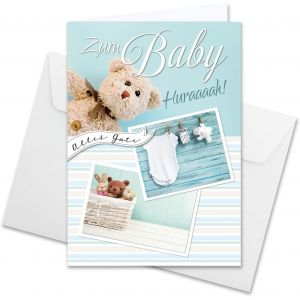 Lot de 2 cartes de v?ux,taille XXL,pour la naissance de b&eacute;b&eacute;,format A4,grandes,avec grande enveloppe au format C4,motif de doudou avec grenouill&egrave;re,pour gar&ccedil;on - Neuf