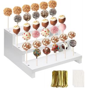 Bois Pr&eacute;sentoir &Agrave; Sucettes,Pr&eacute;sentoir &Agrave; Cakepops,3 &Eacute;tages 33trous Lollipop Stand Avec B&acirc;tonnets De Sucettes Pour Les Mariages Douches De B&eacute;b&eacute; F&ecirc;tes D'anniversaire Anniversaires (A) - Neuf