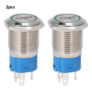 Lot de 2 interrupteurs a bouton-poussoir en metal a 5 broches, tete plate de 16 mm, a reinitialisation automatique, avec numero lumineux, 4220 V CA, vert - Neuf