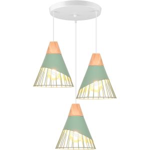 Kal-Suspension Luminaire Moderne Industrielle Bois Lustre Abat-Jour Métal Vintage Forme Cage Ø25cm Plafonnier E27 Design Pour Cuisine Chambre Salon (3 Lampes - Vert- Base) - Neuf