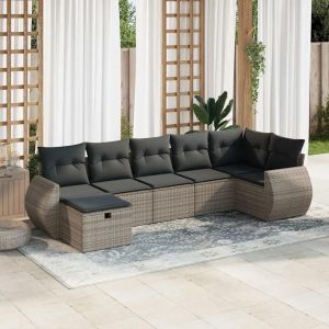 Salon De Jardin Avec Coussins 7 Pcs Gris Résine Tressée - Neuf