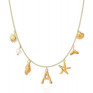 Kal-Colliers À Breloques Initiales Pour Femmes Et Filles, Colliers Plaqués Or 14 Carats Avec Lettres De A À Z, Coquillages, Bohème, Été, Coquillages, Alphabet - Neuf