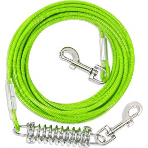Laisse Pour Chien Verte Avec Ressort, Crochets Pivotants En Métal À 360°, Câble En Fil D'acier Avec Clips Durables Pour Laisse Extérieure (9 M) - Neuf