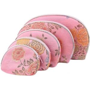 KAL-- S&eacute;rie De 5 Trousses-Pochettes - Satin Rose - Motifs Floraux - Tailles Vari&eacute;es - Porte-Monnaies, Trousse &Agrave; Maquillage, Trousse De Voyages, Fourre-Tout - Id&eacute;e Cadeaux Femmes, Jeunes Filles - Neuf