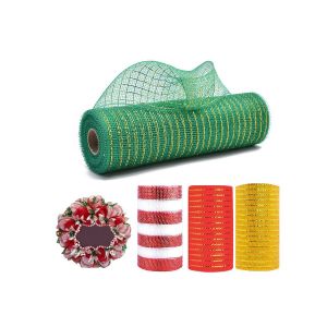 Rouleau de ruban en maille rouge et or pour la confection de couronnes de No&euml;l - 26 x 10 cm, plastique, l&eacute;ger et r&eacute;sistant &agrave; l'effilochage - Neuf