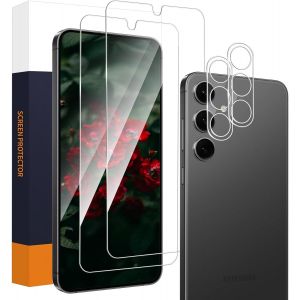 FILM DE PROTECTION D'&Eacute;CRAN EN VERRE BLIND&Eacute; POUR SAMSUNG GALAXY S24 5G - 2 + 2 FILMS DE PROTECTION D'&Eacute;CRAN ULTRA TRANSPARENTS + FILM DE LENTILLE - BORDS RONDS 2,5D - DURET&Eacute; 9H - R&Eacute;SISTANT AUX - Neuf