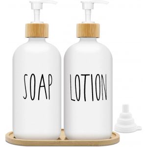 TIANYI-Distributeur de Savon Blanc Mat Set 500ml Distributeur de Savon en Verre avec Plateau Distributeur de Liquide Vaisselle Distributeur de Savon pour Cuisine et Douche (Blanc + Blanc) - Neuf