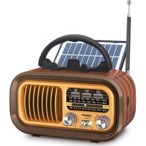 J-150 Poste Radio Vintage, AM/FM/SW R&eacute;tro Radio Portable, avec Batterie Rechargeable de 1200 mAh ou des Piles D, avec Panneau Solaire, avec Bluetooth/USB/TF. - Neuf