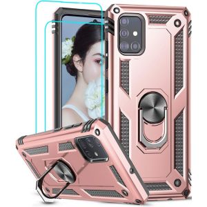 Mdy-Coque Pour Samsung Galaxy A51 4g Avec [2 Pièces] Verre Trempé Anneau Support, Double Couche Renforcée Défense Bumper Tpu Silicone Antichoc Armure Protection Housse Etui Samsung A51 Or Rose - Neuf