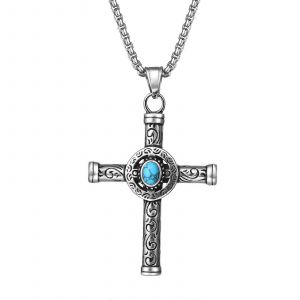 Collier Croix Pour Femme Et Homme, Pendentif Chapelet &Eacute;gyptien Ankh, Argent Vintage Poli, Accessoires Unisexes Bleus - Neuf