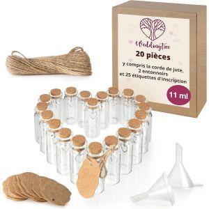 Jexnovashop-20 Petite Bouteille En Verre 11ml - Tube A Essai Pour Les Mariages - Petite Fiole En Verre - Set Avec Liège Et Pendentif En Forme De Coeur - Comme Cadeau De Cariage, Bocal À Épices - Neuf