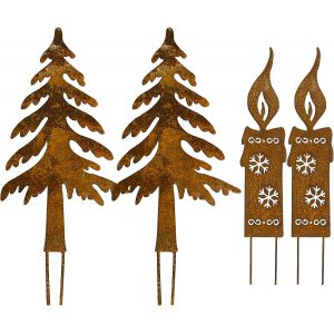 4pcs No&euml;l Signes de Jardin Pelouse Signe de la Fir de la Forme de l'Arbre Creux de la Bougie de No&euml;l des Signes avec le Fer Rouill&eacute; Enjeux de D&eacute;corations Ext&eacute;rieures de Jardin Pot de No&euml;l - Neuf