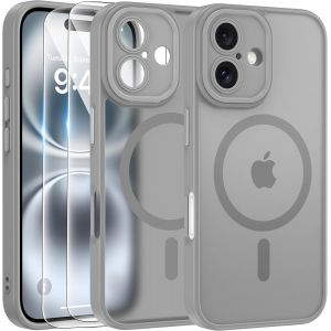 Magn&eacute;tique Coque Pour Iphone 16 Avec 2 Verre Tremp&eacute;, Compatible Avec Magsafe, Protection D'Objectif Tout Compris, Etui Mat Arri&egrave;re Housse Fine Antichoc Case Iphone 16 6.1"", Gris - Neuf
