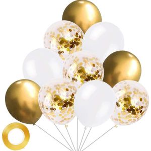 Lot De 30 Ballons À Confettis En Latex Avec 1 Ruban Pour Fêtes D'Anniversaire, Mariages, Anniversaires De Mariage Et Décorations De Fête - Blanc Et Doré - 30,5 Cm - Neuf