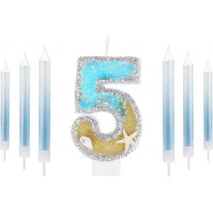 Eryi-Bougie D'anniversaire À Paillettes Pour 5e Anniversaire, Décoration De Fête Sur Le Thème De La Sirène, Bougie D'anniversaire À Paillettes Argentées, Numéro 5, Bleu Doré - Neuf