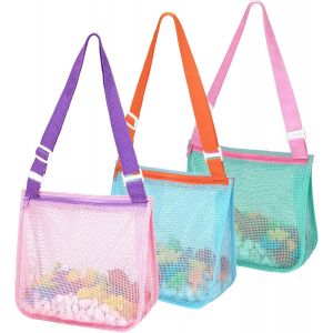 Sac de rangement pour jouets de plage, fourre-tout de plage r&eacute;utilisable et pliable, r&eacute;sistant au sable, filet de plage pliable, sac de plage en maille pour la natation et le camping, lot de 3 - Neuf