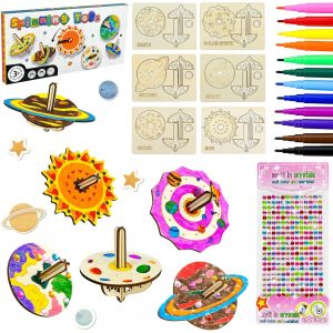 12 Pièces Gyroscope en Bois,Kit de Bricolage Peinture pour Enfants,Activités Manuelles Anniversaire,Cadeau Gyroscope Planétaire 5-10 Ans - Neuf