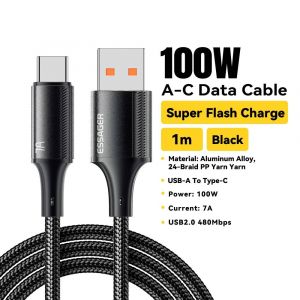 Essager 7a Usb Type C C&acirc;ble Pour Realme Huawei P40 Pro 100w Fil De Charge Rapide Usb-C Chargeur Cordon De Donn&eacute;es Pour Samsung Xiaomi Poco F3-1m-100w Black - Neuf