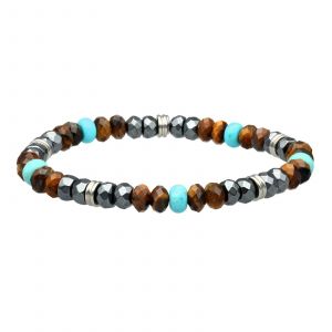 Bracelet Acier Perles Facett&eacute;es Turquoise H&eacute;matite Pierre De Lune Et Oeil De Tigre - Neuf