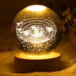 Veilleuse 3d En Forme De Boule De Cristal Avec Base En Bois Et Boule De Verre Pour Décoration De Bureau, Chambre À Coucher, Cadeau D'anniversaire - Neuf