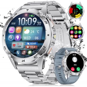 Montre Connectée Homme Militaire Avec Led,1,43"" Amoled Montre Sport,Smartwatch Argentée Avec 130+ Modes Sportifs/Étanchéité Ip68/Fréquence Cardiaque/Compteur,Montre Homme Pour Ios Et Android - Neuf