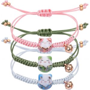Kalsw-Lot De 3 Bracelets Chat Maneki Neko-Mignon Chat Porte-Bonheur-Perles En Céramique-Bracelet Porte-Bonheur Avec Grelot Réglable - Neuf