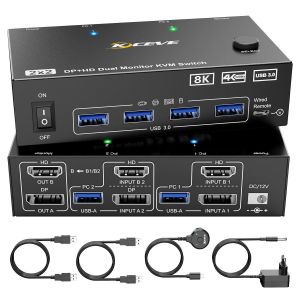 Commutateur Kvm 8K 2 Pc 2 Moniteurs 8K @ 60Hz 4K @ 144Hz Displayport+Hdmi Dual Moniteurs Commutateur Kvm Pour 2 Pc Share 2 Moniteurs Et 4 Appareils Usb 3.0,Télécommande Par Câble,Bloc - Neuf