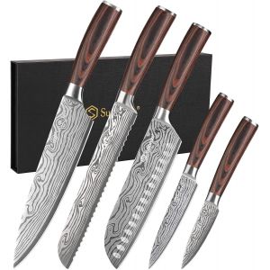 Set Couteau Cuisine Professionnel - Couteaux De Cuisine Japonais 5 Pièces En Acier Inox Lasé, Couteau Office Chef Santoku Pain Légume - Neuf