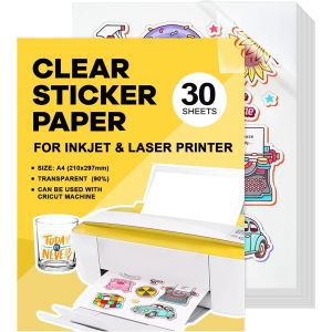 Papier Autocollant Feuilles De 30Pcs A4 Autocollant Jet D'encre Transparent Papier Autocollant En A4 Vinyle Imprimable Pour Imprimante à Jet D'encre Laser 21 x 29,7 cm (Transparent-Non étanche) - Neuf