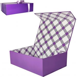 Grand Bo&icirc;te Cadeau Violet 33x23,7x10 Cm,Bo&icirc;te Cadeau Haut De Gamme Avec Couvercle Magn&eacute;tique Et Ruban Pour Emballage Cadeau De Vacances,Mariage,Anniversaire,Doublure &Agrave; Carreaux - Neuf