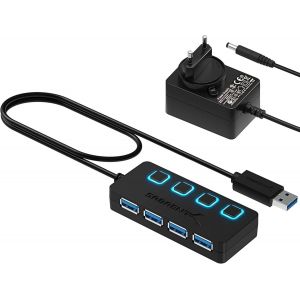 TRAHOO-Hub USB Alimenté, Ultra-Fast 5 Gbps 4 Port Hub USB 3.0 avec des Commutateurs Et des Voyants d'alimentation Individuels, Multi Hub Adaptateur Mac, Adaptateur Secteur 5V/2.5A Inclus (HB-UMP3) - Neuf