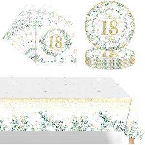Sjzg-37 Pi&egrave;ces Kit Vaisselle Anniversaire Vert Sauge - D&eacute;coration 18 Ans Gar&ccedil;on Fille, Nappe, Assiettes, Serviettes Pour Cadeau - Neuf