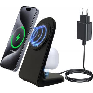 Kal-Mag-Safe Station De Charge Inductive 2 En 1 Pour Iphone 15/14/13/12, Airpods Pro 2, Support De Charge Sans Fil Pour Samsung Galaxy S24/S23/S22/S21/S20, Google Pixel 8 Pro/7/7a/6, Chargeur Magnéti - Neuf
