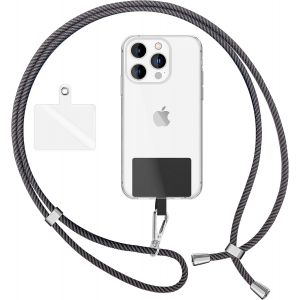 Maa-Lanière Universelle Coloré Pour Telephone Portable, Cordon Tour De Cou Pour Smartphone, Porte Clef Chaine Réglable Avec Crochet Métallique E Carte, Sangle Pour Épaule, Couleur:Gris Noir - Neuf