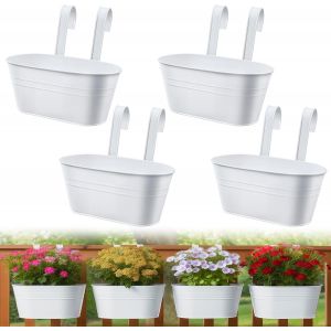 ERYI-Lot De 4 Pots De Fleurs À Suspendre En Métal - Blanc - 27 Cm - Avec Crochet Amovible Et Trou - Pour Balcon, Clôture, Jardin - Neuf