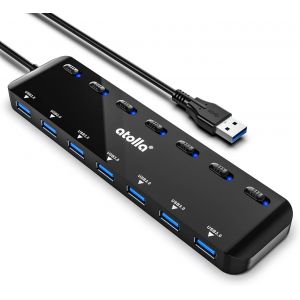 atolla 7 Port USB 3.0 Hub Splitter, Ultra Slim USB Power Strip with Individual Power Switch and LED-100 cm Extension - Neuf