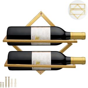 Supports Muraux Pour Bouteilles De Vin En M&eacute;tal,Rganisateur De Casier &Agrave; Vin Suspendu Pliable Pour 2 Bouteilles D'alcool,&Eacute;tag&egrave;re Murale Casier &Agrave; Vin Pour Cave De Bar De Cuisine (1,Gold-A) - Neuf