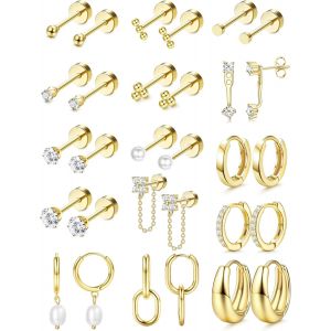 15 Paires Boucles D'oreilles Femme Acier Inoxydable Piercing Oreille Hypoallergénique Boucles D'oreilles Femme Argent/Or Créoles Piercing Cartilage Conch Piercing Tragus.[X840] - Neuf