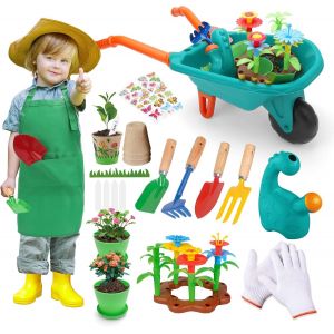 Kit de Jardinage pour Garçons,Ensemble d'outils de Jardinage pour Enfants avec Brouette,Bêche,Râteau,Gants,Arrosoir,Pots de Fleurs,Set de Jardinage Outils de Jardinage & Jouets de Sable - Neuf
