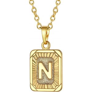Kal-Collier Lettre Femme Plaqu&eacute; Or Jaune, Pendentif Rectangle Avec Initiale, Cha&icirc;ne Rolo Ajustable De 2,5mm/50+5cm - Neuf