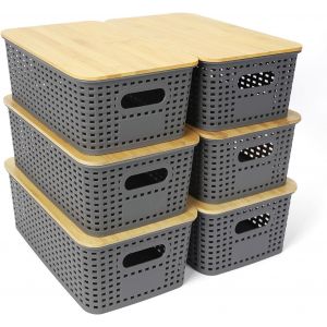 Lot de 6 boîtes de rangement empilables avec couvercle en bambou-En plastique-Gris- 25,6 x 18 x 10,7 cm - Neuf
