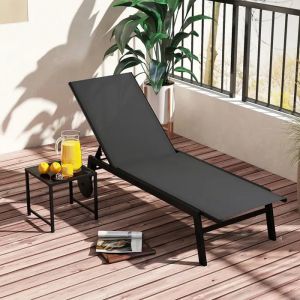 Ensemble 2 Pi&egrave;ces Mobilier D'ext&eacute;rieur Costway, Chaise Longue En Tissu, Table Basse En Verre Tremp&eacute;, Dossier R&eacute;glable, Roues, Gris - Neuf