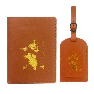 HJLIAN Etiquettes de bagages et etui pour passeport en cuir PU, etiquettes de bagages, porte-passeport, cadeau de voyage - Neuf