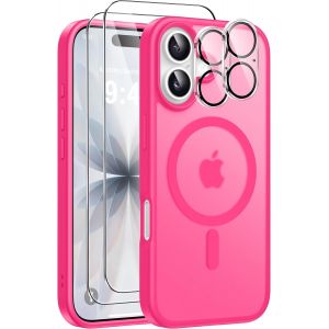 LORANKA-5 in 1 Magn&eacute;tique Coque pour iPhone 17 avec 2 Verres Tremp&eacute;s et 2 Cam&eacute;ra Protecteur, Compatible MagSafe Dos Anti Rayures &Eacute;tui Antichoc TPU Bumper Housse pour iPhone 17 6,3"" - Rose Vif - Neuf