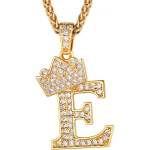 Trahoo-Collier Lettre E, Pendentif Initiale Prénom Plaqué Or Lettre E,Bling Brillant Hip Hop Bijoux Alphabet Pendentif Couronne En Strass Avec Chaîne Or Réglable 55+5 Cm Pour Homme Femme - Neuf