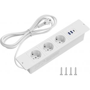 Multiprise escamotable avec USB, 4000 W, 3 prises avec c&acirc;ble de 2 m, multiprise 3 compartiments pour cuisine, table, bureau, blanc - Neuf